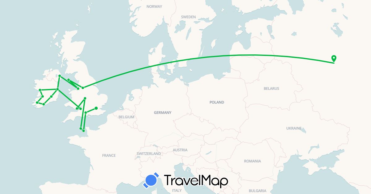TravelMap itinerary: driving, bus in United Kingdom, Guernsey, Ireland, Isle of Man, Jersey, Russia (Europe)